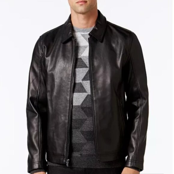 Alfani Genuine Leather Full Zip Black Jacket Coat with Side Pockets. Size Medium - Picture 1 of 16